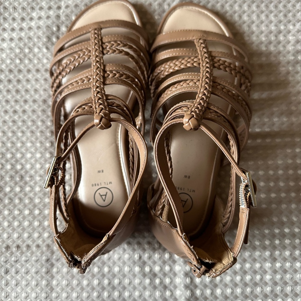 Addition Elle Gladiator Tan Sandals, zip back, like new